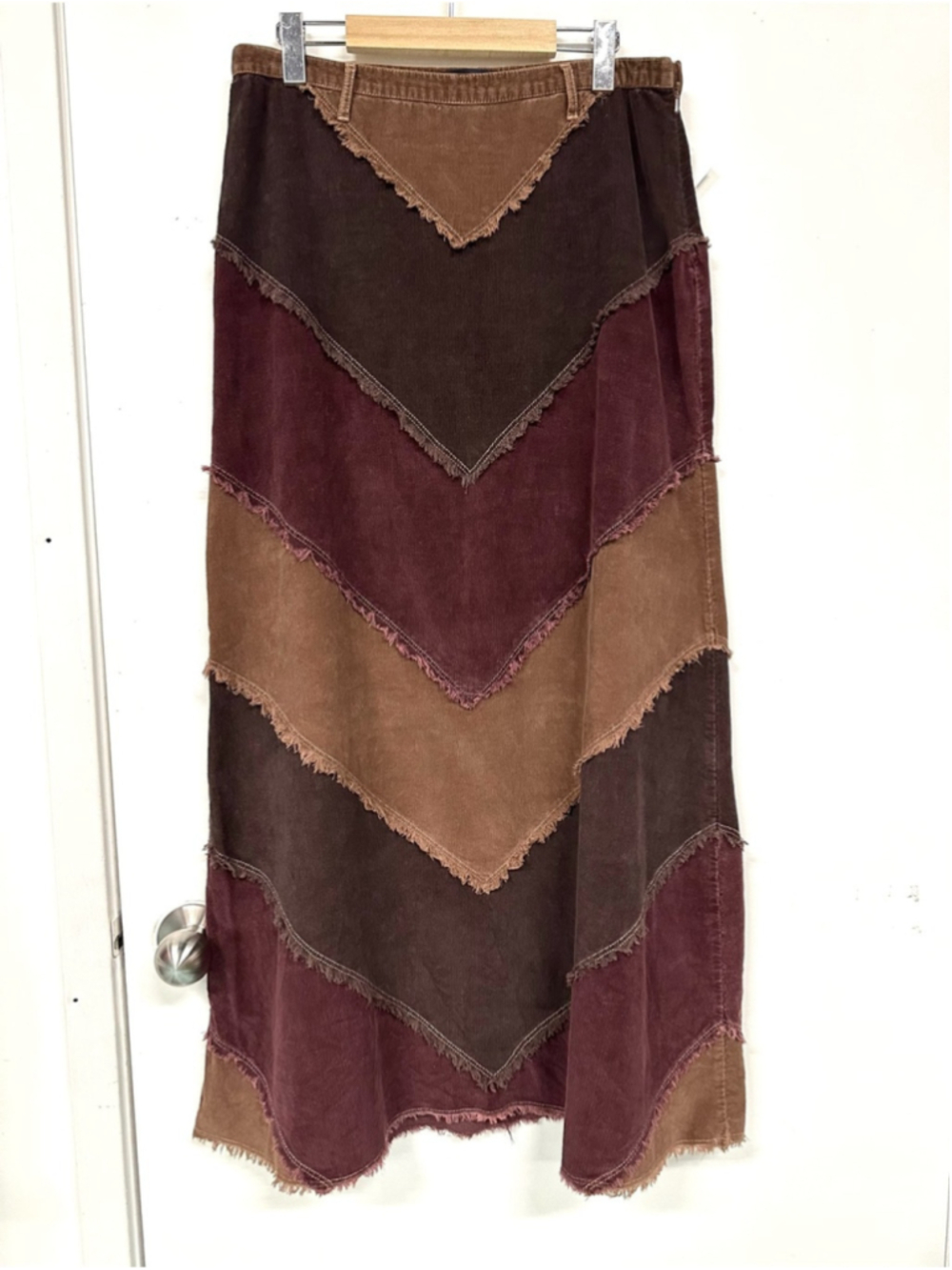 Corduroy Chevron Patchwork Maxi Skirt Armor Jeans Brown Tan Wine Boho Raw Hem